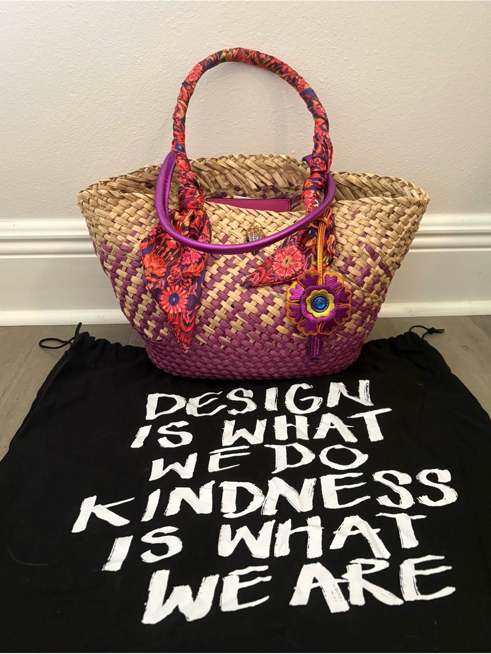 Kurt Geiger Purple-Trim Straw Tote with Floral Scarf Handles - Picture 3 of 7